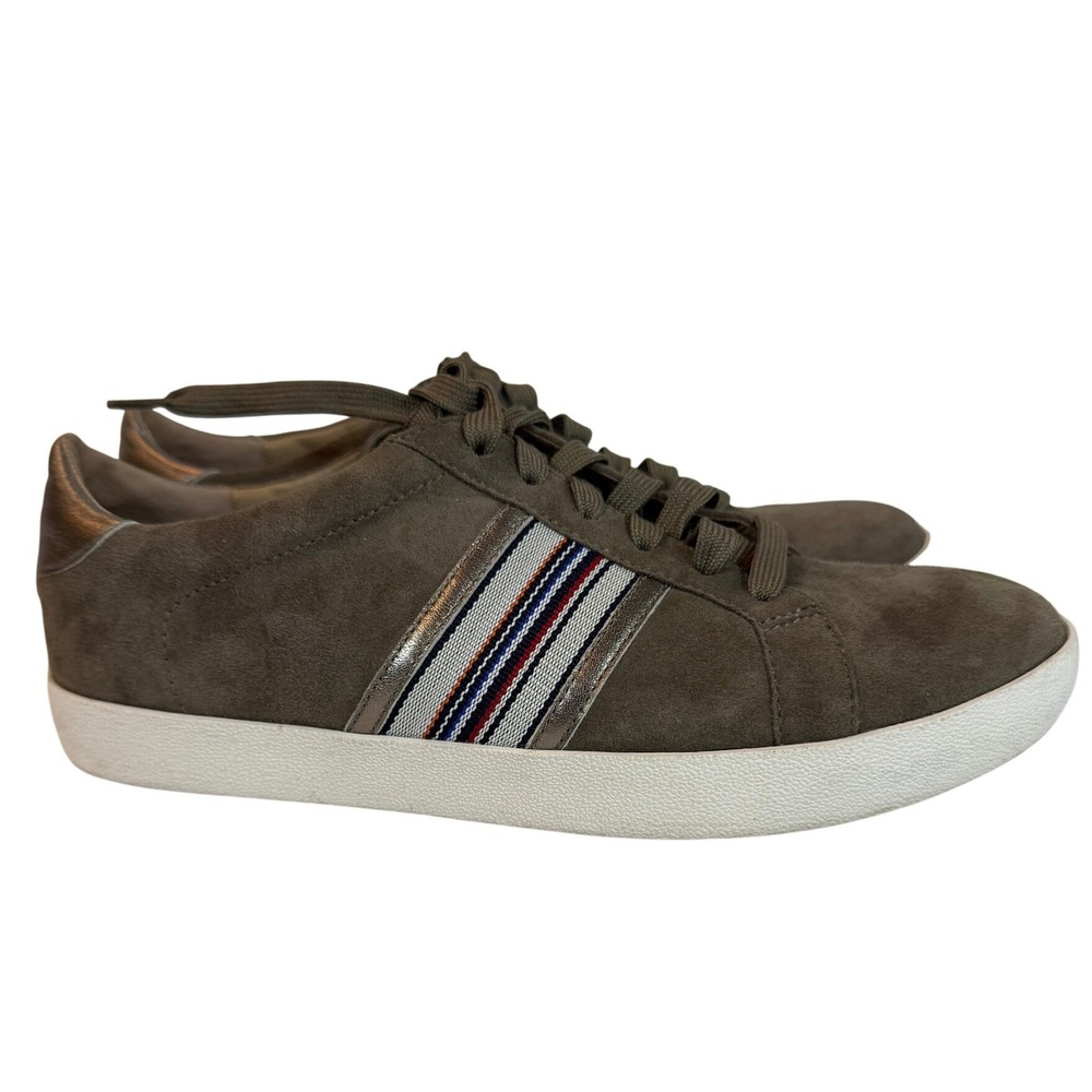 Paolo Women Brown Suede Striped Ribbon Low Top Sneakers Metallic Trim Size 8.5